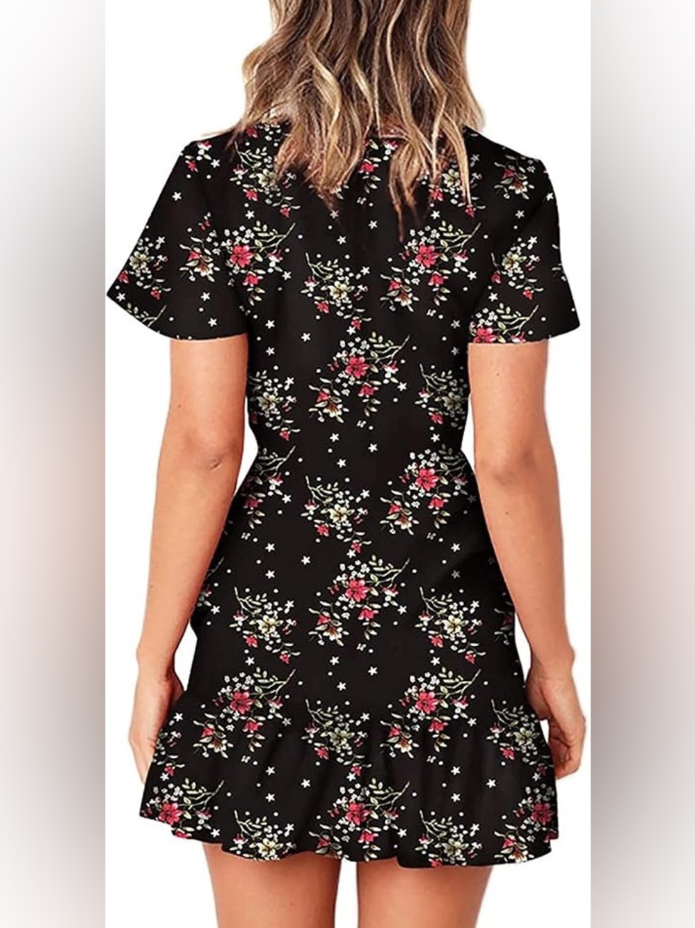 Women's Ruffle Black Floral Mini Wrap Cocktail Dress Size M Boho - Picture 2 of 7